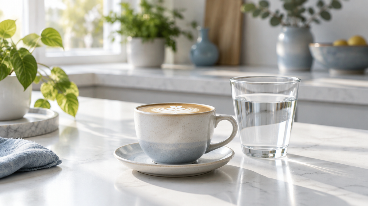 A cup of coffee and a glass of water on a kitchen bench in morning light