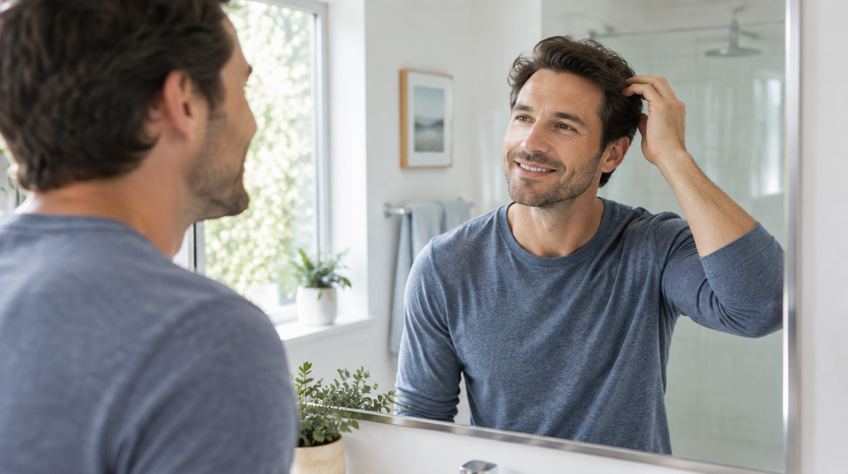 Man smiling at a bathroom mirror while getting ready in the morning