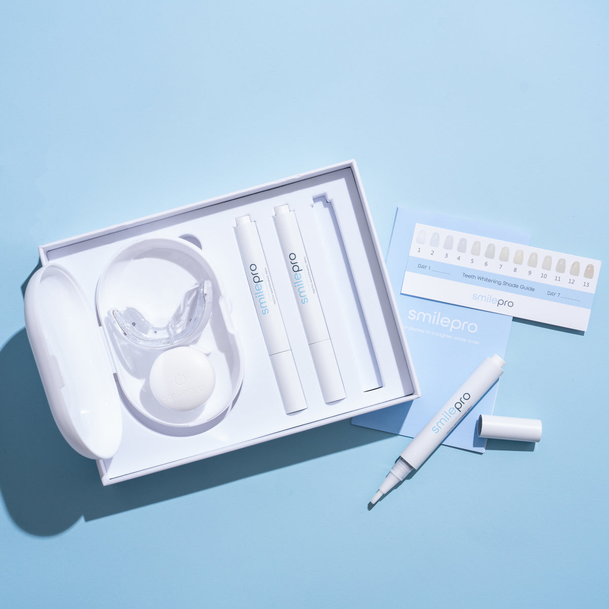 The Advanced Teeth Whitening Kit with the LED light and whitening pens labelled